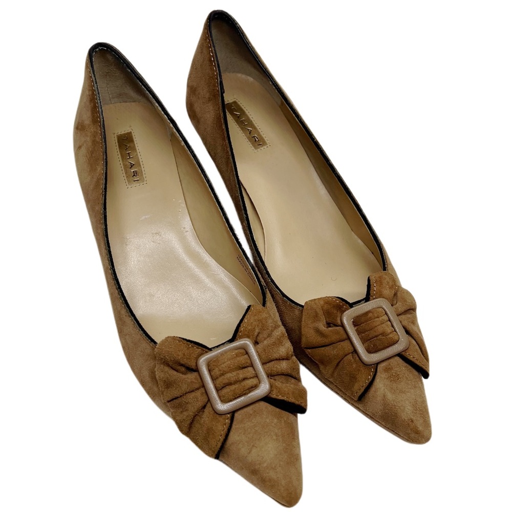 {Tahari} "Morgan" Suede Tan Buckle Bow Detail Kitten Heels